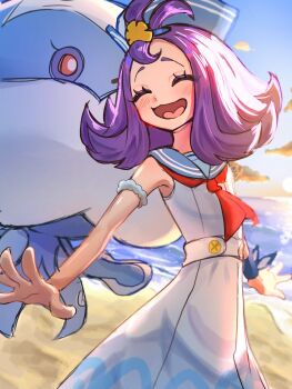Rule 34 | 1girl, ^ ^, acerola (pokemon), acerola (summer 2024) (pokemon), armlet, beach, blue sailor collar, blue sky, blurry, blurry background, blush, closed eyes, closed mouth, dress, female focus, flat chest, gen 5 pokemon, hair ornament, happy, hat, highres, jellicent, jellicent (male), jellyfish, jewelry, namekuj1hey, neckerchief, nintendo, ocean, official alternate costume, open mouth, outdoors, pokemon, pokemon (creature), pokemon masters ex, purple hair, red neckerchief, ribbon, sailor collar, sailor dress, sailor hat, short hair, sky, sleeveless, sleeveless dress, smile, sunset, water, white dress, wrist ribbon