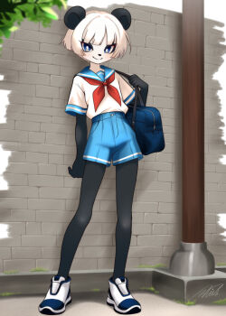 1girl bag black_fur blue_eyes blue_sailor_collar blue_shoes blue_shorts body_fur branch brick_wall child commentary furry grass highres holding holding_bag leaf looking_at_viewer neckerchief netiel original outdoors panda petite pillar red_neckerchief sailor sailor_collar sailor_shirt school_uniform serafuku shirt shirt_tucked_in shoes short_shorts short_sleeves shorts shoulder_bag signature skinny slim_legs smile sneakers solo standing white_fur white_hair white_shirt white_shoes