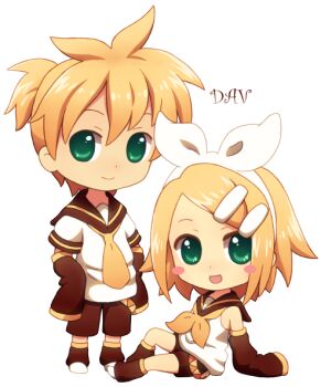 Rule 34 | 1boy, 1girl, :d, aqua eyes, artist name, black leg warmers, black shorts, blonde hair, blush stickers, bow, bow hairband, brother and sister, chibi, chibi only, commentary, dav-19, detached sleeves, english commentary, full body, hair ornament, hairband, hairclip, kagamine len, kagamine rin, leg warmers, looking at viewer, neckerchief, necktie, open mouth, parallel hairclips, ponytail, sailor collar, shirt, shoes, short hair, short ponytail, shorts, siblings, sitting, smile, standing, transparent background, twins, vocaloid, white bow, white shirt, white shoes, yellow neckerchief, yellow necktie