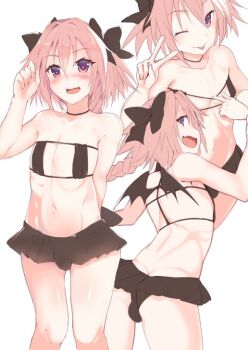 1boy astolfo_(fate) bat_wings bikini bikini_top_only black_bikini black_skirt blush braid eyepatch_bikini fate/apocrypha fate/grand_order fate_(series) flat_chest hair_ribbon male_focus multiple_views p_answer pink_eyes pink_hair ribbon skirt swimsuit toned trap twintails wings