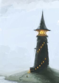 1other building commentary_request genki_(33209392) grass hat highres lighthouse original overcast rain sky solo standing witch_hat