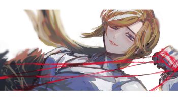 1girl ainsel10 blue_eyes breasts brown_hair highres large_breasts limbus_company lips project_moon ring_(identity)_(project_moon) rodion_(project_moon) simple_background string string_of_fate white_background