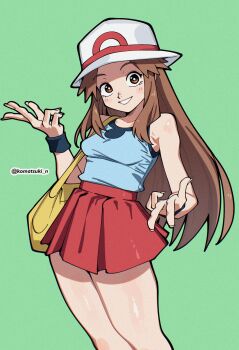 1girl absurdres armpit_crease bag bare_shoulders blue_tank_top blush breasts brown_eyes brown_hair commentary double_w english_commentary feet_out_of_frame green_background hat highres komatsuki_n leaf_(pokemon) long_hair looking_at_viewer miniskirt nintendo parted_lips pleated_skirt pokemon pokemon_frlg red_skirt shoulder_bag sidelocks simple_background skirt small_breasts smile solo tank_top thighs twitter_username w white_hat wristband