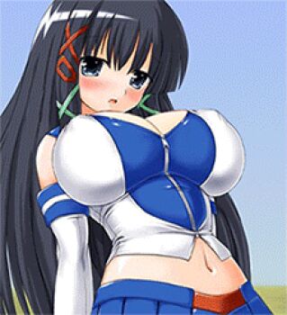 1girl animated animated_gif black_hair blue_eyes blush breast_expansion breasts bursting_breasts fanatic_fetish female_focus huge_breasts long_hair lowres navel nipples os-tan puffy_nipples skirt solo tsukioka_kirio undersized_clothes unzipped unzipping xp-tan zipper