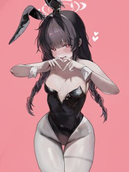 1girl absurdres alternate_costume animal_ears black_hair black_leotard blue_archive blush braid breasts bright_pupils commentary_request detached_sleeves drill_hair fake_animal_ears grey_halo hair_intakes halo heart heart_hands highres leotard long_hair miyu_(blue_archive) open_mouth pantyhose pink_background playboy_bunny rabbit_ears red_eyes shogunx1x simple_background small_breasts smile solo twin_braids twin_drills white_pantyhose