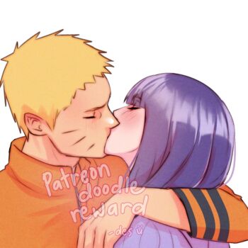 Rule 34 | 1boy, 1girl, adversarial noise, arm around neck, artist name, blonde hair, blush, boruto: naruto next generations, closed eyes, commentary, english commentary, facial mark, hetero, husband and wife, hyuuga hinata, iamdslr, jacket, kiss, naruto (series), orange jacket, purple hair, purple jacket, uzumaki naruto, watermark, whisker markings