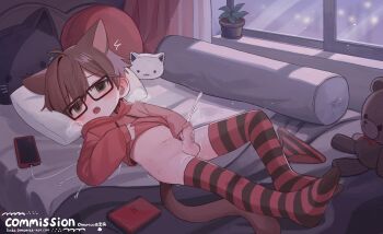 1boy absurdres animal_ears artist_name bed bed_sheet black_thighhighs blush cat-shaped_pillow cat_boy cat_ears cat_tail cellphone commentary commission earbuds earphones english_commentary erection glasses green_eyes handheld_game_console highres hood hoodie indoors looking_at_viewer lying male_focus male_masturbation male_underwear masturbation nintendo_ds omurice_(roza4957) on_back on_bed open_mouth original penis phone pillow plant red_hoodie red_thighhighs shota smartphone solo striped_clothes striped_thighhighs tail testicles thighhighs uncensored underwear unworn_male_underwear watermark web_address