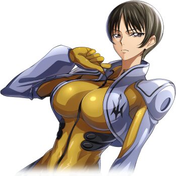 1girl arm_at_side armor artist_request bodysuit breasts brown_hair chiba_nagisa closed_mouth code_geass code_geass:_lost_stories cropped_torso cropped_vest dutch_angle female_focus game_cg grey_vest hand_up large_breasts looking_at_viewer matching_hair/eyes non-web_source official_art shiny_clothes short_hair shoulder_armor sidelocks simple_background skin_tight solo standing transparent_background upper_body v-shaped_eyebrows vest yellow_bodysuit zipper_pull_tab