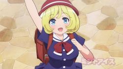 1girl animated anime_screenshot backpack bag blonde_hair blue_eyes blue_shirt blue_skirt blush bouncing_breasts bra breasts button_gap buttons cleavage esyne futoku_no_guild highres large_breasts loli neck_ribbon open_clothes open_mouth open_shirt oppai_loli panties pink_bra pink_panties popped_button randoseru red_ribbon ribbon school_uniform shirt short_hair skirt sound subtitled thighs underwear video wardrobe_malfunction waving