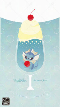 Rule 34 | animal focus, blue fur, cetacean tail, character name, cherry, cup, drinking glass, fins, fish tail, food, forked tail, fruit, gen 1 pokemon, head fins, highres, ice cream, ice cream float, meme (sleepsheep), nintendo, no humans, pokemon, pokemon (creature), pokemon focus, tail, vaporeon