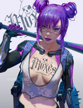 1girl baseball_bat bat_(animal) black_legwear breast_tattoo breasts cleavage cyberpunk cyberpunk_(series) cyberpunk_2077 cyborg double_bun eyeliner gloves hair_bun highres lipstick makeup over_shoulder rehg_2020 rita_wheeler smile spikes tattoo upper_body weapon weapon_over_shoulder
