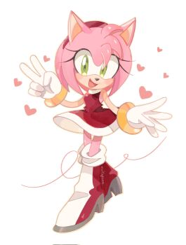 1girl :d amy_rose artist_name dress eyelashes full_body furry furry_female gloves green_eyes hairband hashtag-only_commentary heart highres mokapaan open_mouth pink_fur pink_hair red_dress red_hairband short_hair sleeveless sleeveless_dress smile solo sonic_(series) v white_background white_gloves