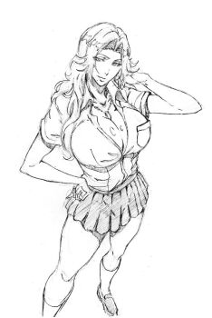 1girl bleach blouse breasts cleavage female_focus karakura_high_school_uniform knee_socks kubo_tite_(style) large_breasts long_hair matsumoto_rangiku mole mole_under_mouth rakusakugk school_uniform shirt simple_background skirt solo solo_focus standing white_background