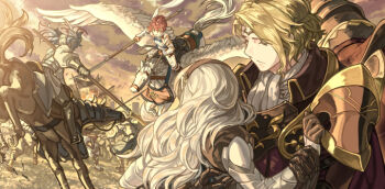 1boy 3girls animal arm_around_waist armor banner barding battle battle_standard battlefield black_armor black_hairband blonde_hair blue_hair brown_gloves cape cavalry charging_forward circlet cloud commentary_request female_corrin_(fire_emblem) dated_commentary day emblem fire fire_emblem fire_emblem_fates flag flagpole floating_hair garter_straps gauntlets gloves gold_trim gradient_hair greaves group_battle hairband harusame_(rueken) hinoka_(fire_emblem) holding holding_another&#039;s_wrist holding_lance holding_polearm holding_weapon horse horseback_riding knight lance long_hair looking_at_another looking_to_the_side multicolored_hair multiple_girls nintendo outdoors pauldrons pegasus peri_(fire_emblem) plate_armor polearm purple_hair red_cape red_gloves red_hair reins riding saddle short_hair shoulder_armor silver_hair sky soldier standing thighhighs upper_body war war_flag weapon xander_(fire_emblem)