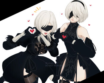 Rule 34 | 10h (nier reincarnation), 1girl, 2b (nier:automata), arm up, artist name, bare shoulders, black-framed eyewear, black dress, black gloves, blindfold, blue eyes, breasts, cleavage cutout, closed mouth, clothing cutout, commentary, covered eyes, cowboy shot, dress, english commentary, eyelashes, facing viewer, feather-trimmed sleeves, glasses, gloves, gluteal fold, grey hair, groin, highres, juliet sleeves, leotard, leotard under clothes, long sleeves, medium breasts, medium hair, mitsuki nite, mole, mole under mouth, nier:automata, nier (series), nier reincarnation, parted lips, pink lips, puffy sleeves, short hair, side slit, simple background, sleeveless, sleeveless sweater, solo, standing, sweater, sword, turtleneck, turtleneck sweater, twitter username, upper body, virtuous treaty, watermark, weapon, white background, white background1girl, white leotard