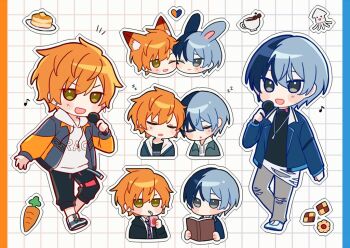 Rule 34 | 2boys, animal ears, aoyagi touya, biyo, black eyes, black jacket, black shirt, blonde hair, blue hair, blue jacket, book, carrot, closed eyes, closed mouth, coffee, collared shirt, commentary request, cup, diagonal-striped clothes, diagonal-striped necktie, drawstring, drink carton, earrings, extra ears, food, fox ears, grey pants, grid background, hand up, hands up, heart, holding, holding book, holding juice box, holding microphone, hood, hood down, hoodie, jacket, jacket over hoodie, jewelry, juice box, kamiyama high school uniform (project sekai), kemonomimi mode, lapels, long sleeves, looking at viewer, male focus, microphone, mole, mole under eye, multicolored hair, multicolored necktie, multiple boys, multiple views, musical note, necktie, notched lapels, notice lines, one eye closed, open book, open clothes, open jacket, open mouth, orange hair, pancake, pancake stack, pants, parted lips, plate, project sekai, rabbit ears, school uniform, shinonome akito, shirt, short hair, sleeping, smile, split-color hair, standing, streaked hair, striped clothes, stud earrings, torn clothes, torn pants, turtleneck, two-tone hair, white hoodie, yaoi, zzz