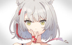 Rule 34 | 1girl, animal ear fluff, animal ears, cat ears, cat girl, close-up, closed mouth, commentary request, dot nose, eyelashes, grey hair, highres, looking at viewer, medium hair, mio (xenoblade), portrait, signature, simple background, smile, solo, white background, xenoblade chronicles (series), xenoblade chronicles 3, yanagimachi, yellow eyes