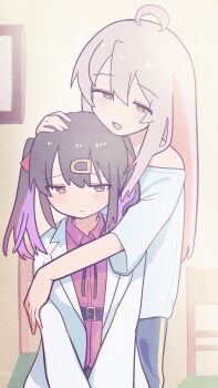 2girls :d absurdres ahoge belt black_hair brown_eyes colored_inner_hair commentary_request grey_hair hair_between_eyes hair_ornament hairclip hand_on_another&#039;s_head highres hug indoors lab_coat light_blush long_hair multicolored_hair multiple_girls off_shoulder onii-chan_wa_oshimai! open_mouth oversized_clothes oversized_shirt oyama_mahiro oyama_mihari pink_hair purple_hair red_shirt shirt siblings sisters smile syouyuazidesu t-shirt twintails two-tone_hair white_shirt