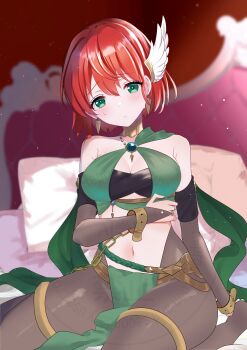 absurdres azusa_(azchemist63) bridal_gauntlets bridal_legwear closed_mouth commission cosplay dancer dorothea_arnault dorothea_arnault_(plegian) dorothea_arnault_(plegian)_(cosplay) fire_emblem fire_emblem:_the_blazing_blade gold_collar green_eyes hair_ornament harem_outfit highres lene_(fire_emblem) lene_(plegian)_(fire_emblem) nintendo pelvic_curtain priscilla_(fire_emblem) red_hair skeb_commission thighlet wing_hair_ornament