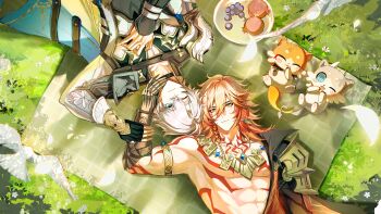 2boys abs absurdres antenna_hair arm_tattoo armlet armor bird black_choker black_coat black_gloves black_shirt blonde_hair blue_cape blue_eyes braid cape chest_tattoo chimera_(honkai:_star_rail) chinese_commentary choker clawed_gauntlets coat commentary_request dove earrings facial_tattoo falling_feathers feathers fingerless_gloves gloves gold_earrings gold_necklace gradient_hair grass highres honkai:_star_rail honkai_(series) jewelry male_focus medium_hair multicolored_hair multiple_boys mydei_(fig_stew)_(honkai:_star_rail) mydei_(honkai:_star_rail) neck_tattoo necklace one_eye_closed open_clothes open_coat parted_bangs pauldrons phainon_(honkai:_star_rail) phainon_(vigethos)_(honkai:_star_rail) qiaose33912 red_hair red_tattoo shirt short_hair shoulder_armor side_braid single_glove single_pauldron single_vambrace sun_symbol sun_tattoo tan tattoo toned toned_male vambraces white_coat white_hair yellow_eyes