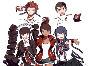 2boys 3girls asahina_aoi black_hair blending blue_eyes blue_hair blue_sailor_collar bow breasts brown_hair celestia_ludenberg closed_eyes closed_mouth collarbone commentary_request danganronpa:_trigger_happy_havoc danganronpa_(series) dark-skinned_female dark_skin drill_hair eyelashes facial_hair goatee gothic_lolita hair_ornament hairclip ishimaru_kiyotaka jacket jewelry kiri_(2htkz) kuwata_leon lolita_fashion long_hair long_sleeves maizono_sayaka multiple_boys multiple_girls necklace necktie negative_space one_eye_closed open_clothes open_jacket open_mouth orange_hair outstretched_arms piercing pink_bow plaid_clothes plaid_skirt ponytail red_eyes red_jacket red_necktie sailor_collar short_hair shorts simple_background skirt smile spread_arms tan teeth twin_drills twintails v-shaped_eyebrows white_background white_headdress white_theme