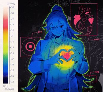 1boy averting_eyes bakori514_(h_akka) black_eyes blue_coat blue_eyes blue_hair blue_necktie blue_shirt blue_vest coat collared_shirt commentary diagram double-parted_bangs green_outline hair_between_eyes head_tilt heart heart_(organ) heart_hands heart_in_heart_hands heatmap heterochromia high_ponytail highres hong_lu_(project_moon) limbus_company limited_palette long_hair male_focus necktie outline ponytail project_moon shirt smile solo symbol-only_commentary upper_body vest zoom_layer