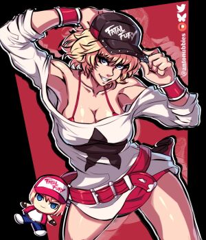 Rule 34 | 1girl, alice garnet nakata, antonubbies, bare shoulders, baseball cap, bikini, blonde hair, blue eyes, breasts, character doll, cleavage, collarbone, doll, fatal fury, fatal fury cap, hat, large belt, large breasts, looking at viewer, loose clothes, loose shirt, off-shoulder shirt, off shoulder, open mouth, red bikini, shirt, short hair, simple background, smile, snk, solo, star (symbol), swimsuit, terry bogard, the king of fighters, the king of fighters xiv