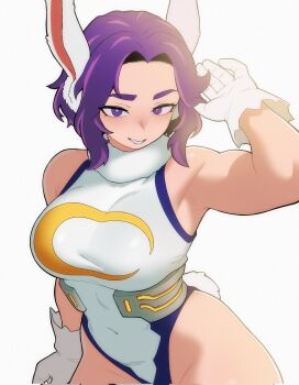 1girl animal_ears bare_shoulders boku_no_hero_academia breasts commentary cosplay english_commentary evoltodraw fake_animal_ears gloves grin highres lady_nagant large_breasts leotard looking_at_viewer mirko mirko_(cosplay) multicolored_hair pink_hair purple_eyes purple_hair rabbit_ears short_hair smile solo two-tone_hair white_gloves white_leotard