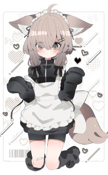 1girl abstract_background ahoge animal_ear_fluff animal_ears animal_request apron arms_up bandaid bandaid_on_knee bandaid_on_leg barcode black_jacket black_ribbon black_shoes black_shorts blush brown_eyes brown_hair closed_mouth commentary crossed_bangs dot_mouth eyes_visible_through_hair hair_ornament hair_ribbon hairpin heart highres jacket jersey_maid kneeling knees_together_feet_apart long_sleeves mafuyu_(vrchat) maid maid_apron maid_headdress multiple_hairpins paw_shoes ribbon shirasuame_shiromaru shoes shooting_star shorts sleeves_past_fingers sleeves_past_wrists solo tail twitter_username unconventional_maid vrchat white_background