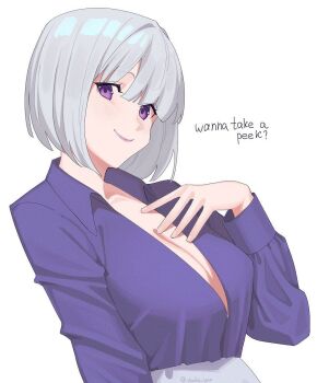 1girl breasts chatu_yoo cleavage collared_shirt commentary english_commentary english_text formal_clothes girls&#039;_frontline grey_hair long_sleeves official_alternate_costume purple_eyes purple_shirt rpk-16_(girls&#039;_frontline) rpk-16_(renate)_(girls&#039;_frontline) shirt smile solo upper_body