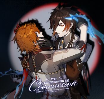 0723_yuan_shang_fuhuo_ban 2boys black_background black_gloves blue_eyes brooch brown_coat brown_hair chinese_commentary closed_mouth coat collared_shirt commission dagger dual_persona earrings expressionless eyeliner facing_another gem genshin_impact gloves grabbing_another&#039;s_chin gradient_hair grey_jacket grey_shirt hair_between_eyes half_gloves hand_on_another&#039;s_chin hand_up highres holding holding_another&#039;s_wrist holding_dagger holding_knife holding_weapon jacket jewelry knife lapels long_hair long_sleeves looking_at_viewer makeup male_focus mask mask_on_head multicolored_hair multiple_boys necktie orange_eyes orange_gemstone orange_hair peaked_lapels profile red_eyeliner red_gemstone red_scarf reverse_grip scarf shadow shirt short_hair sideways_glance single_earring sleeve_cuffs spotlight tartaglia_(genshin_impact) tassel tassel_earrings three-quarter_sleeves thumb_ring upper_body weapon white_necktie yaoi zhongli_(genshin_impact)