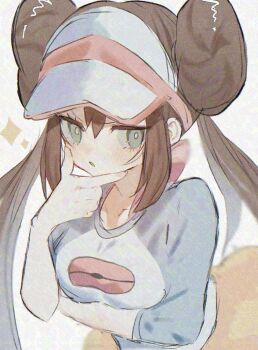 Rule 34 | 1girl, 3y35, :o, breasts, brown hair, commentary request, donut hair bun, double bun, green eyes, hair bun, highres, large breasts, long hair, looking at viewer, nintendo, open mouth, poke ball print, pokemon, pokemon bw2, raglan sleeves, rosa (pokemon), shorts, simple background, solo, standing, thinking, twintails, upper body, visor cap, white background, yellow shorts
