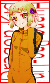 Rule 34 | 1girl, blush, border, bruce lee's jumpsuit, closed mouth, commentary request, eyelashes, fingernails, flower, green eyes, hair flower, hair ornament, huang pao-lin, jumpsuit, long sleeves, masashi, purple flower, red border, short hair, smile, solo, tiger &amp; bunny, yellow jumpsuit