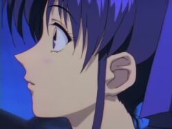 1990s_(style) 1boy 1girl animated bed blush breasts carrying couple falling_leaves gradient_background hair_ribbon hetero himura_kenshin japanese_clothes kamiya_kaoru leaf long_hair long_sleeves looking_at_another low_ponytail parted_bangs parted_lips ponytail retro_artstyle ribbon rurouni_kenshin sexually_suggestive sidelocks surprised surreal tagme video what