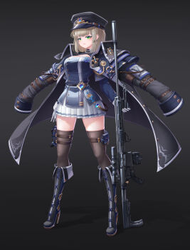 Rule 34 | 1girl, absurdres, belt, black background, black coat, black hat, black shoes, black thighhighs, blue jacket, blunt bangs, boots, breasts, closed mouth, coat, coat on shoulders, commentary, full body, gloves, green eyes, gun, hair ornament, hairclip, hat, high heel boots, high heels, highres, holding, holding gun, holding weapon, iinfp (artist), incredibly absurdres, jacket, jacket on shoulders, knee boots, large breasts, long sleeves, looking at viewer, military, military hat, military uniform, miniskirt, peaked cap, pleated skirt, rifle, scope, shoes, short hair, skirt, sniper rifle, solo, sr-25, standing, thigh strap, thighhighs, viichan, virtual youtuber, waktaverse, weapon, white gloves, white skirt, zettai ryouiki