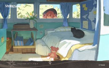 1girl bed black_cat black_hat camera cat commentary copyright_logo copyright_name copyright_notice english_commentary flower from_inside hat helenpeanut highres holding holding_camera logo looking_at_viewer map mistique_(stella_sora) motor_vehicle orange_eyes orange_hair solo stella_sora stuffed_animal stuffed_toy teddy_bear twintails van vase vehicle_interior white_flower witch_hat world_map yellow_flower