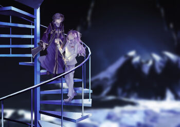 Rule 34 | 2boys, absurdres, black eyes, black hair, black shoes, blurry, blurry background, candle, candlestand, closed eyes, closed mouth, curtained hair, facing another, frown, full body, fumi (rdbm), grey shoes, hatsutori hajime, highres, holding candlestand, holding hands, jacket, long hair, long sleeves, looking down, male focus, mountain, multiple boys, night, on stairs, outdoors, pants, parted bangs, pink hair, purple robe, robe, saibou shinkyoku, shoes, short hair, smile, spiral staircase, stairs, stole, swept bangs, utsugi noriyuki, walking, white jacket, white pants