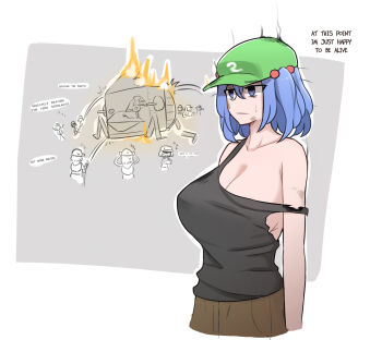 1girl blue_eyes blue_hair breasts brown_pants english_text fire flat_cap green_headwear hair_bobbles hair_ornament hat highres huge_breasts kappa kawashiro_nitori machine mata_(matasoup) medium_hair multiple_girls pants people short_twintails sideboob sidelocks sketch strap_slip tank_top torn_clothes touhou twintails two_side_up white_background