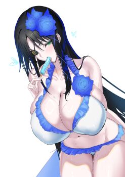 Rule 34 | 1girl, absurdres, bikini, black hair, blue flower, blue hair, blue rose, breasts, character request, cleavage, collarbone, commentary request, copyright request, eyepatch, flower, food, food in mouth, green eyes, hair flower, hair ornament, heart, highres, kaoru1307, large breasts, long hair, multicolored hair, navel, popsicle, popsicle in mouth, rose, solo, streaked hair, sweat, swimsuit, tongue, white background, white bikini