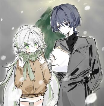 1boy 1girl alternate_costume alternate_hair_length alternate_hairstyle arm_at_side bag black_shirt blunt_ends blush_stickers bow bright_pupils brown_jacket brown_sleeves casual christmas_tree closed_mouth coat contemporary cross-shaped_pupils eyelashes eyeliner eyeshadow food fringe_trim genshin_impact glowing green_bow green_eyes green_hair green_pupils green_scarf grey_background grey_coat grey_hair hair_between_eyes hair_intakes hair_ornament hairclip half_crown_braid hand_in_pocket hand_up hands_up height_difference highres holding holding_bag jacket lapels leaf leaf_hair_ornament long_sleeves looking_at_another looking_at_viewer low_twintails makeup mu243 multicolored_hair nahida_(genshin_impact) official_alternate_hairstyle open_hands purple_eyes red_eyeliner red_eyeshadow scaramouche_(genshin_impact) scarf scarf_bow shirt sketch skirt smile snowing split_mouth streaked_hair symbol-shaped_pupils taiyaki tareme turtleneck turtleneck_shirt twintails undershirt wagashi white_bag white_hair white_pupils white_skirt wispy_bangs