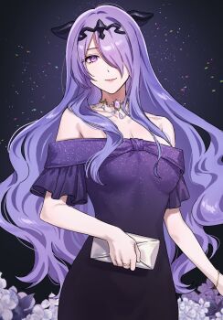 1girl alternate_costume breasts camilla_(fire_emblem) cleavage contemporary dress fire_emblem fire_emblem_fates hair_over_one_eye highres long_hair looking_at_viewer medium_breasts nintendo purple_eyes purple_hair solo tiara tomo_shirasu wavy_hair