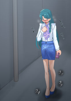 Rule 34 | 1girl, ball gag, blue eyes, blue hair, blush, braid, breath, bulge, embarrassed, erection, erection under clothes, gag, gagged, go! princess precure, kaidou minami, long hair, pantyhose, pencil skirt, precure, raitaroo, sex toy, shirt, skirt, solo, sound effects, sweat, vibrator, walking, wiffle gag