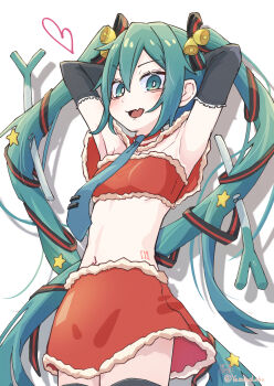 adapted_costume aqua_eyes aqua_hair aqua_necktie arms_behind_back arms_up bell black_gloves blush breasts christmas commentary_request elbow_gloves fang fur-trimmed_skirt fur-trimmed_tube_top fur_trim gloves hair_bell hair_ornament hair_ribbon hatsune_miku highres long_hair looking_at_viewer looking_down midriff miniskirt navel necktie number_tattoo open_mouth red_shirt red_skirt red_tube_top ribbon santa_costume shirt skin_fang skirt small_breasts smile star_(symbol) star_sticker sticker sticker_on_hair stomach_tattoo strapless tattoo thighhighs tie_clip tube_top twintails very_long_hair vocaloid yasuno-labo zettai_ryouiki