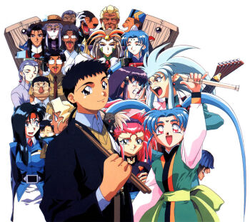 1990s_(style) 6+boys 6+girls absolutely_everyone amagasaki_kazuhiko artist_request azaka beard belt black_hair blonde_hair blue_hair brown_hair cabbit dual_persona everyone facial_hair facial_mark flute forehead_mark freckles glasses green_eyes grey_hair guitar hakubi_washuu hat headband instrument kagato kamidake kuramitsu_mihoshi kuramitsu_minami long_hair makibi_kiyone masaki_aeka_jurai masaki_katsuhito masaki_kiyone masaki_nobuyuki masaki_sasami_jurai masaki_tenchi masaki_tennyo masaki_youshou_jurai mother_and_daughter multiple_boys multiple_girls nobeyama photoshop_(medium) purple_hair recorder red_eyes red_hair retro_artstyle ryou-ouki ryouko_(tenchi_muyou!) silver_hair spiked_hair straw_hat tears tenchi_muyou! tenchi_muyou!_ryou-ouki tenchi_muyou!_uchuu_hen tokimi tsunami_(tenchi_muyou!) twintails