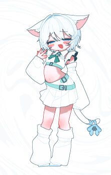 1girl animal_ears banananosongen blue_eyes blush cat_ears cat_girl cat_tail commission cropped_shirt detached_sleeves full_body half-closed_eyes hand_up highres leg_warmers long_sleeves looking_at_viewer midriff miniskirt navel open_mouth original pleated_skirt ribbon shirt short_hair simple_background skeb_commission skirt sleeveless sleeveless_shirt smile solo standing tail tail_ornament tail_ribbon white_background white_hair white_leg_warmers white_shirt white_skirt
