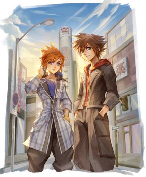 2boys artist_name black_jacket black_pants blue_eyes blue_sky brown_hair closed_mouth cloud commentary crossover english_commentary hand_in_pocket hands_in_pockets headphones headphones_around_neck highres hollypolllyy hood hood_down hoodie jacket kingdom_hearts kingdom_hearts_iv looking_at_viewer male_focus multiple_boys nomura_tetsuya_(style) open_clothes open_jacket orange_hair outdoors pants pocket purple_eyes red_hoodie sakuraba_neku shibuya_(tokyo) shin_subarashiki_kono_sekai signature sky smile sora_(kingdom_hearts) subarashiki_kono_sekai tokyo_(city)
