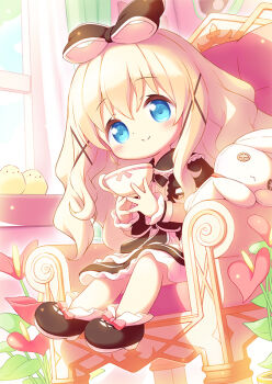 1girl aikei_ake armchair black_bow black_dress black_shoes blonde_hair blue_eyes blue_sky blush bow button_eyes buttons chair chibi closed_mouth cloud commentary_request cup day dress flower hair_between_eyes hair_bow hair_ornament holding holding_cup indoors long_hair on_chair original pink_bow puffy_short_sleeves puffy_sleeves red_flower shoes short_sleeves sitting sky smile solo stuffed_animal stuffed_rabbit stuffed_toy very_long_hair window x_hair_ornament