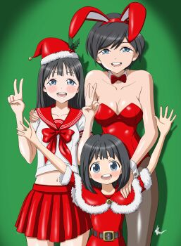 3girls absurdres akebi-chan_no_serafuku akebi_kao akebi_komichi akebi_yuwa black_hair christmas_costume highres leotard mother_and_daughter multiple_girls navel playboy_bunny red_leotard red_skirt siblings sisters skirt