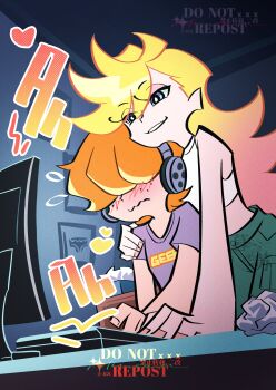 1boy 1girl absurdres behind_another blonde_hair blue_eyes blush brief_(psg) cargo_pants closed_mouth commentary_request dark_background freckles green_pants hair_over_eyes headphones highres indoors long_hair monitor musuamnesia orange_hair pants panty_&amp;_stocking_with_garterbelt panty_(psg) parted_lips purple_shirt shirt short_hair short_sleeves sleeveless sleeveless_shirt tank_top tissue tissue_box used_tissue wavy_mouth white_tank_top