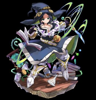 1boy belt black_background black_gloves black_hair black_hat blush book boots bottle broken broken_glass closed_mouth collarbone fighting_stance flask full_body glass glass_shards gloves green_eyes hat hat_belt highres holding holding_knife hourglass knife magic_circle merc_storia merc_storia_art_team official_art open_book pants parted_bangs robe rusty_(merc_storia) shards simple_background solo standing tachi-e tsurime v-shaped_eyebrows white_belt white_boots white_pants witch_hat